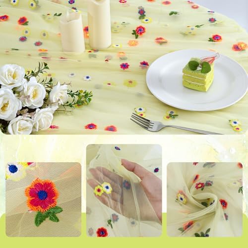 6PCS Green Floral Table Runner 10 FT, Embroidery Daisy Table Runners Seasonal Spring Summer Sheer Tulle Dining Table Decor for Home Party Birthday Decor 29x120 Inch - Image 3