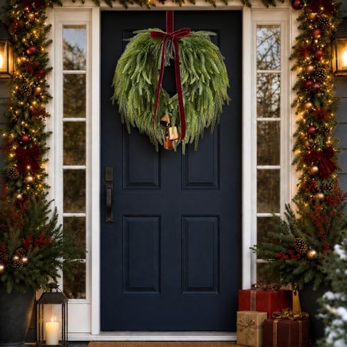 24” Christmas Wreaths for Front Door, Norfolk Pine Wreath Bow Bells - Image 3