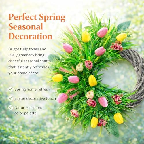 Spring Summer Wreath for Front Door, 24 Inch Artificial Tulip Wreath with Pink Yellow Lavender and Eucalyptus Greenery for Indoor Outdoor Home Farmhouse Wall Decor - Image 4