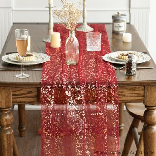Artoid Mode 3PCS Red Gold Gauze Table Runner 120 Inch 10FT, Glitter Metallic Foil Sheer Dining Wedding Anniversary Holiday Table Decor for Home Party - Image 2