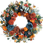 24-inch Fall Wreath Handcrafted Blue Orange Hydrangeas Roses Pumpkins Berries Front Door Wreath Courtyard Corridors Indoor Outdoor Home Decoration Thanksgiving Harvest Festival Celebrations Decoration by vivimemo
