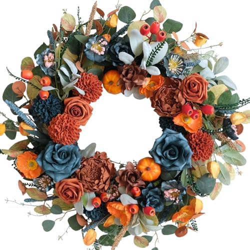 24-inch Fall Wreath Handcrafted Blue Orange Hydrangeas Roses Pumpkins Berries Front Door Wreath Courtyard Corridors Indoor Outdoor Home Decoration Thanksgiving Harvest Festival Celebrations Decoration by vivimemo