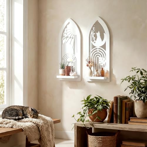 ZEXUIRU 2 Set Rustic Candle Sconces Living Room Bedroom Entryway Wood Mirrored, Farmhouse, Carved Frame Wall-Mount Wooden Candle Holders Wall Decor Hanging Handmade Holder - Distressed White by ZEXUIRU