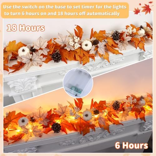 Fall Decor 6FT Lighted Fall Garland with Lights & Timer, Full Autumn Light Up Fall Leaf Mantle Garland with Pumpkin Berries Pinecone, Indoor Fall Thanksgiving Decorations for Home Fireplace Porch Door - Image 3