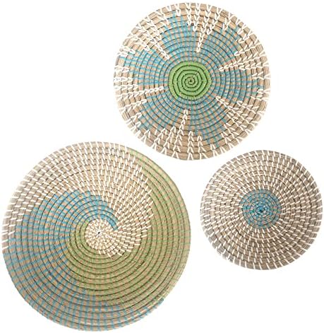 GoGift Wall Basket Decor - Wicker Coastal For Home Baskets Hanging Woven Boho Beach Rattan Seagrass Set of 3 Beige Teal Blue and Light Green by Unknown
