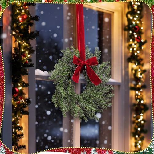4 Pcs Small Christmas Norfolk Wreaths Evergreen 12.6 Inch Christmas Kitchen Cabinet Mini Wreaths Real Touch with Bow and Burgundy Ribbon for Xmas Front Door Window Home Table Pillar Decor - Image 6