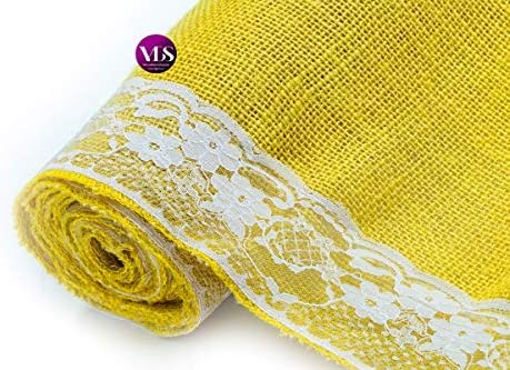 VDS Pack of 5, Burlap Table Runner with White Lace Edge, 100% Natural Jute Rustic Hessian Table Cloth Centerpiece for Wedding Birthday Party Banquet Table Decoration (Size 12X108 Inch)(Yellow) - Image 5