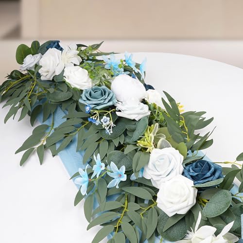 Dusty Blue Flowers Wedding Table Decor - Table Runner & Arch Backdrop with Eucalyptus & Blue Floral Garland - Image 5