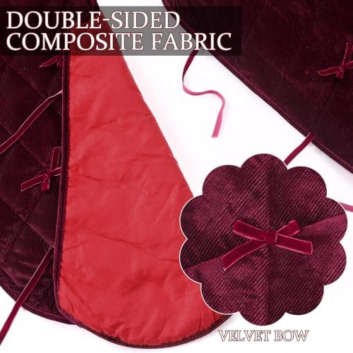 48 Inches Quilted Christmas Tree Skirt, Thick Rustic Trees Skirt, Burgundy - Image 3