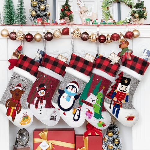 BHD BEAUTY Burlap Gray Red Non-Woven Fleece Fabric Lovely Embroidery Pattern Set of 5 Christmas Stocking for Family Decorations Hanging Ornament for Xmas Holiday Party 20 inches by bhdbeauty
