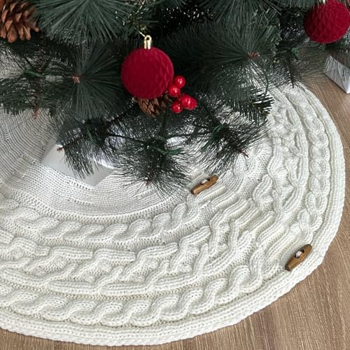 36-Inch Cable Sweater Knit Christmas Tree Skirt with Wooden Toggles, Cream by StarryDynamo