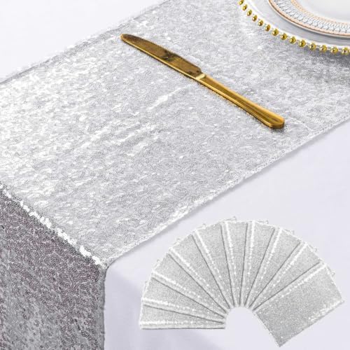 ShinyBeauty Silver Sequin Table Runner 10 Pack, 12x108 for Wedding Party by ShinyBeauty