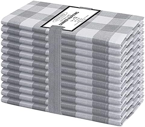 Cotton Clinic Set of 12 Cloth Napkins Gingham Check 100% Cotton 20x20 inches - Soft Durable Washable - Ideal for Events Wedding Christmas Easter - Perfect Everyday Use Table Dinner Napkins Grey by CottonClinic