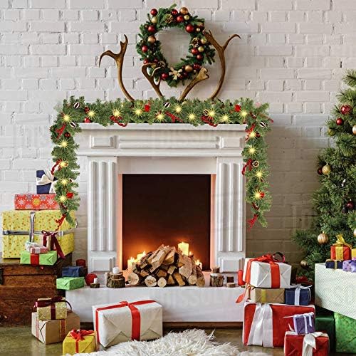 FUNPENY 9 FT Artificial Christmas Garland, Pre-Lit 50 LED Battery Operated Lighted Xmas Garland with 8 Modes for Indoor Holiday Door Home Decorations (Red) - Image 2