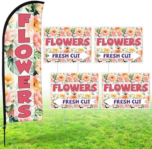 Buryeah 5 Sets Flower Banner Sign Kit Including 1 Flower Feather Flag 4 Double Sided Arrows Signs with Metal Stakes for Outside, Business Advertising, Directional Signage(Pink) by Buryeah