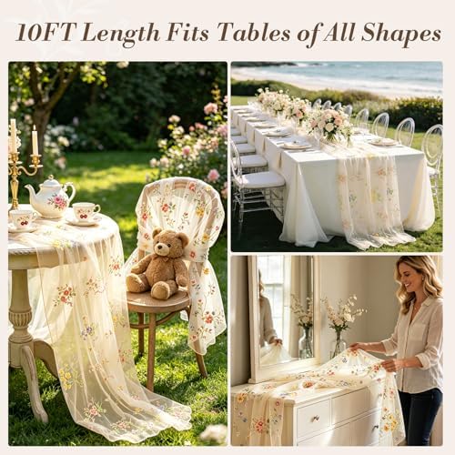 4 Pack Beige Wildflower Floral Table Runner 120", Embroidered Tulle Gauze for Wedding Reception, Boho Vintage Spring Summer Table Decor - Image 2