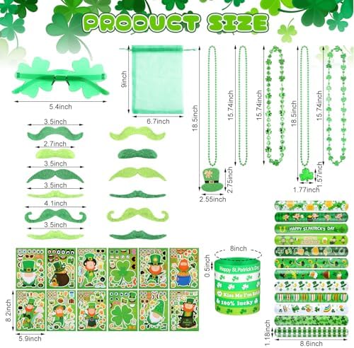 Kenning 96 Pcs St. Patrick's Day Accessories Party Favor Set, Including Four-leaf Glasses, Necklaces, Bracelets, Stickers, Mustaches, Slap Bracelets, Organza Gift Bags, Irish Decoration Party Supplies - Image 2