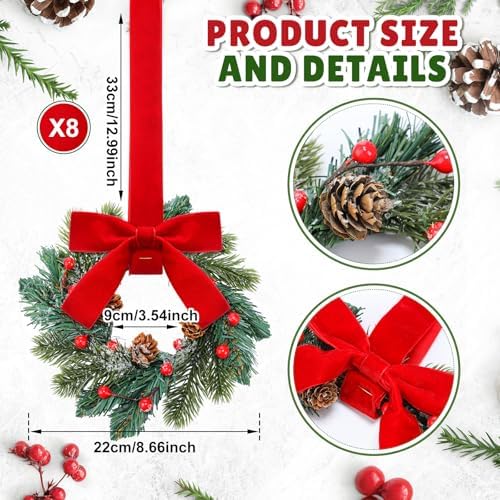 Knitgrip 8 Pcs Mini Christmas Kitchen Wreath with Red Bow Pine Cone Decor - Image 2