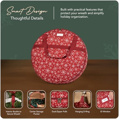Covermates Wreath Storage Bag, 30" Diameter x 7" H, Red Snowflake - Image 4