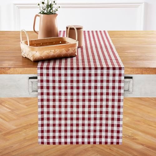 Solino Home 100% Pure Linen Table Runner Burgundy, Gingham Check 14 x 90 in by SolinoHome