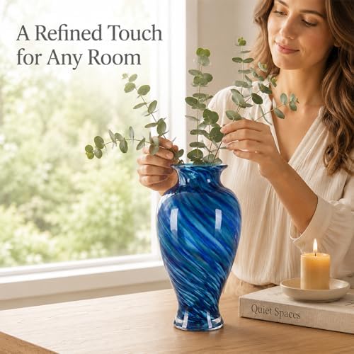 Dark Blue Hand Blown Glass Vase 11.8" Tall Beautiful Designer Flower Vase - Image 7