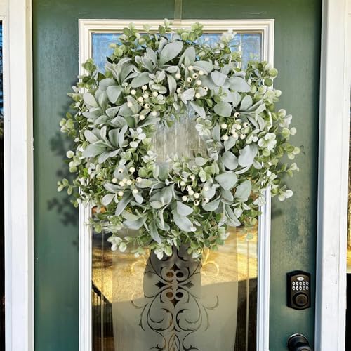 26 Inch Large Lambs Ear Wreaths for Front Door Spring Summer Lambs Leaves with White Berries, Artificial Greenery for Farmhouse Porch Wall Living Room Home Wedding Decor for All Seasons Wreaths - Image 4