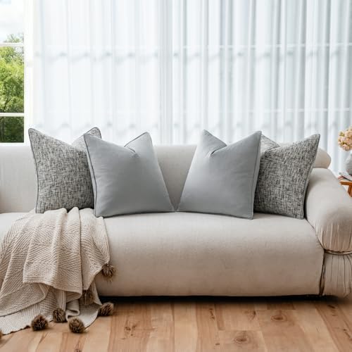 a moment Grey 4 Pack Throw Pillow Covers - Chenille & Velvet Set with Piping, Farmhouse Textured Design Pillow Cases for Couch Sofa Bed Livingroom (22x22 Inch, No Insert) - Image 4