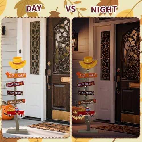 Lighted Wood Hello Fall Porch Sign,Fall Welcome Porch Decor,Autumn Maple Pumpkin Truck Sweater Weather Standing Wooden Signs for Harvest Thanksgiving Decor - Image 6