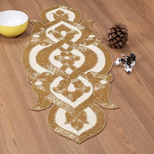 Lightnpro Infinity Beaded Table Runner 13x36 Inch Gold Ivory - Decorative Handmade Elegant Glimmer Embroidered Table Décor for Christmas, Thanksgiving, Family Gatherings, Wedding & Dinner Parties - Image 3