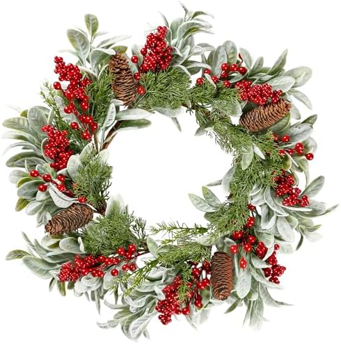 Sggvecsy 19 Inch Artificial Christmas Wreath for Front Door Flocked Lambs Ear Wreath with Red Berries Pine Needles Pinecones Christmas Decorations for Wall Outdoor Home Holiday Xmas Decor by Sggvecsy