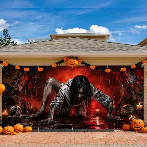 Gothic Horror Ghost Garage Door Banner 7x16ft, Bloody Zombie Girl Crawling Outdoor Decoration, Haunted House Secret Room Chain Double Garage Door Cover Tapestry Mural for House Front Holiday Decor - Image 5