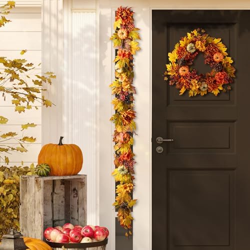 Glitzhome 6FT Maple Leaf Garland, Fall Dahlia Pumpkin Garland Decor for Mantle, Artificial Autumn Foliage Thanksgiving Decor for Home Wedding Fireplace Party Christmas - Image 3