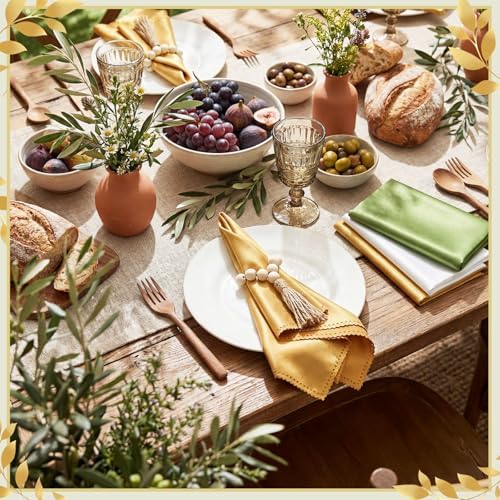LemonRoad 36 Pcs Napkin Rings Set 12 Wood Bead Napkin Rings, 24 Cloth Napkins Boho Farmhouse Table Decorations Dinnerware Sets, Banquet, Wedding, Holiday Dinner Party - Image 2