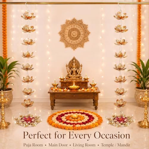LemonRoad 2Set Diwali Hanging Urli Bowl Metal Lotus Diya Pot Floating Decor - Image 4