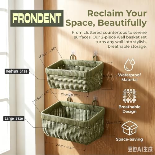 Wall Baskets Set of 2, Wicker-Style Hanging Baskets for Kitchen Bathroom Entryway Garages Porch Door Decor and Organizing, Green, Plastic - Image 3