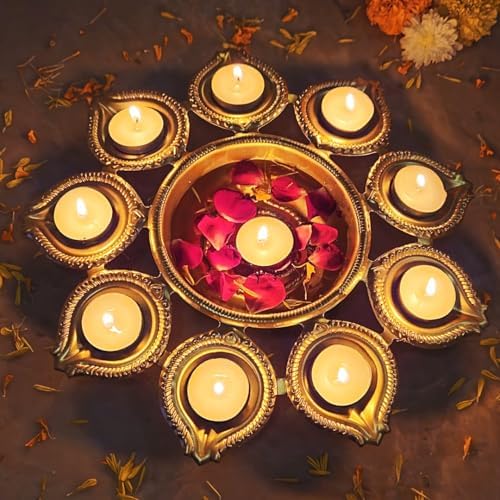 Diwali Diyas |Urli |Handcrafted Metal Decorative Bowl for Floating Flowers |Tea Light Candle Holders |Diwali Decorations |Diwali Candles (Swastik 9 Diya Urli) by DECORATIVEBUCKETS
