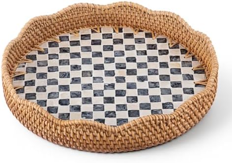 12 Inch Round Rattan Tray Mother of Pearl Inlay, Plaid Style by Unknown