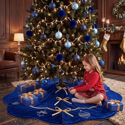 Blueweenly Navy Blue Velvet Christmas Tree Skirt 48 in Vintage Tree Skirt - Image 6