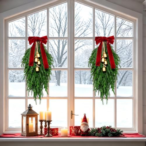 Christmas Teardrop Swag, Christmas Pine Needles Front Door Wreath,Bow Bells - Image 5
