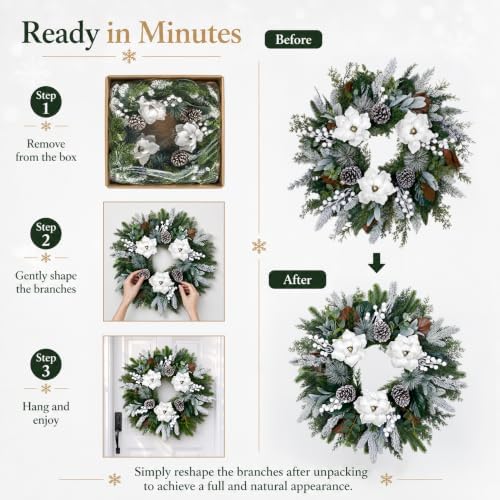 28inch Winter Wreath for Front Door, Frosted Magnolia Christmas Wreath - Image 5