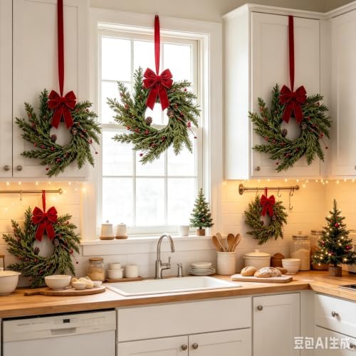 6 Pcs Small 4th of July Hanging Wreaths for Cabinets Patriotic Mini Candle Ring Wreath with Red White Blue Flowers Artificial Independence Day Wreath for Front Door (6, Mini Red Berries) - Image 4