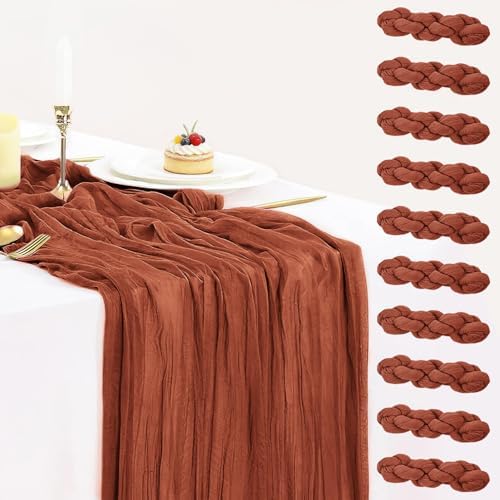 10 Pack Terracotta Cheesecloth Table Runners 35x120 Inch, 10FT Rustic Burnt Orange Cheese Cloth Table Runner for Wedding Bridal Shower Baby Shower Birthday Holiday Decor by BlueTopCoLtd
