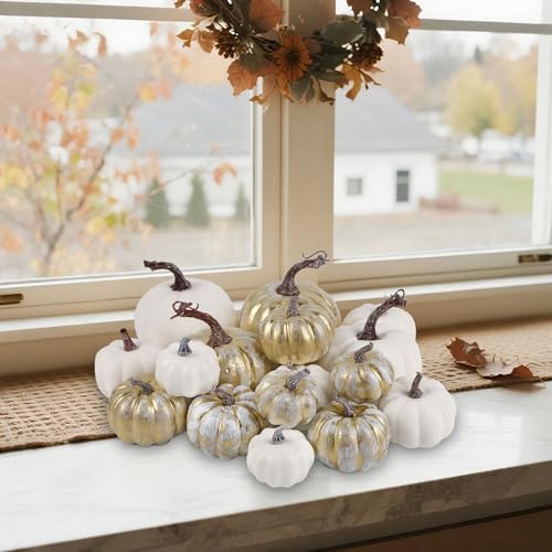 winemana 16 Pcs Golden and White Pumpkins Fall Decorations for Home - Image 5