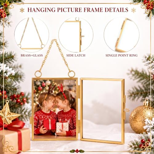 Qunclay 6 Pcs 2x3” 3.2x3.2” 2.5x3.5” Christmas Brass Picture Frame Ornaments Xmas Metal Double Glass Hanging Photo Frame with Metal Chain for Christmas Tree Decorations (Gold, Square, Arch) - Image 3