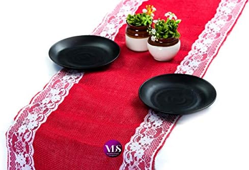 VDS Pack of 20, Burlap Table Runner with White Lace Edge, 100% Natural Jute Rustic Hessian Table Cloth Centerpiece for Wedding Birthday Party Banquet Table Decoration (Size 12X108 Inch)(Red) by VDS