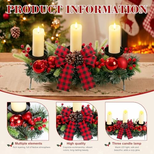 meekoo Christmas Centerpiece with 3 Candle Holders 3 LED Candles 1 String Lights Xmas Triple Candelabrum Red Buffalo Plaid Bow Berry with 3 Candle Holders for Tables Home Decorations - Image 3