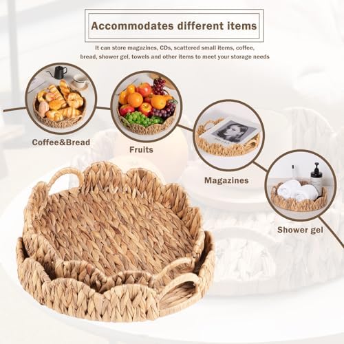 2-Pack Wicker Basket Tray, Round Serving Tray with Handles, Rattan Woven Decorative Tray, Natural Water Hyacinth Scalloped Tray for Home Decor and Desk Organizer - Image 3