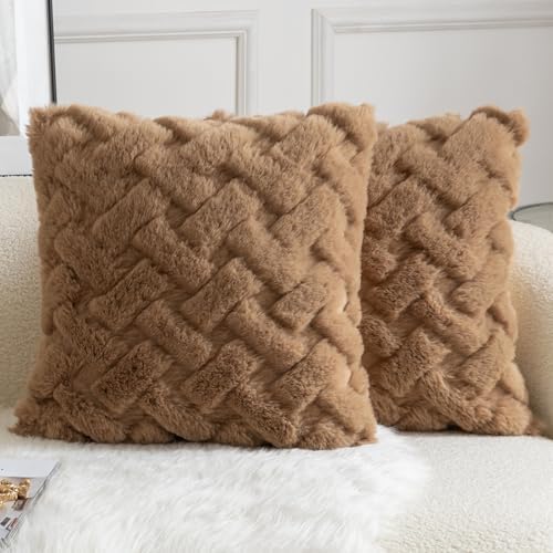 Yaertun Set of 2 Decorative Throw Pillow Covers Thick Plush Wool Throw Pillows Super Soft Luxury Faux Rabbit Fur Velvet Cushion Covers for Couch Sofa Bed Living Room 26x26 Inch Camel by YAERTUN