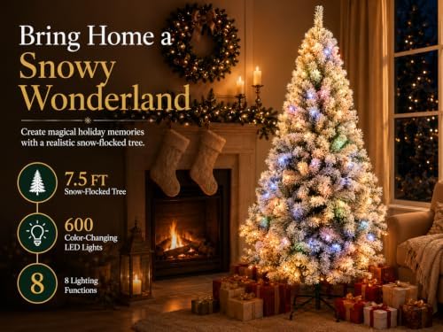 CHILLSUN 7.5ft Pre-Lit Flocked Christmas Tree with Dual-Color LED Lights - Image 2