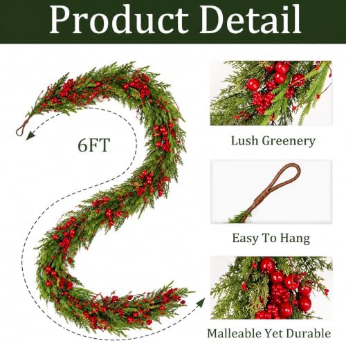 6FT Norfolk Pine Christmas Garland with Red Berries, Realistic Artificial Cedar for Holiday Mantel, Table, Fireplace, Indoor Porch Xmas Decor - Image 3